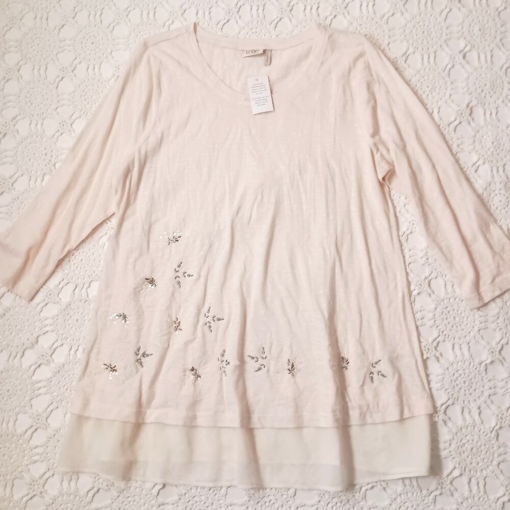 New LOGO T Shirt Ivory Cream Knit Floral Embroidery Beaded A Line Large Women L